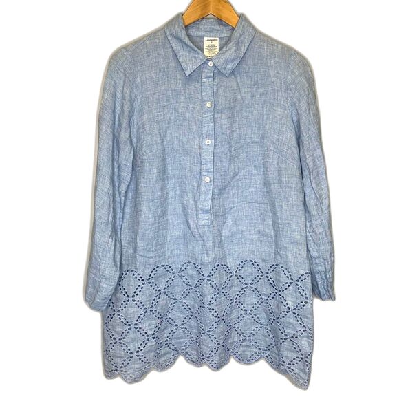 Womens Lands End Blue Linen Tunic Eyelet Capiz Shell Buttons Summer Beach Resort - Picture 1 of 12